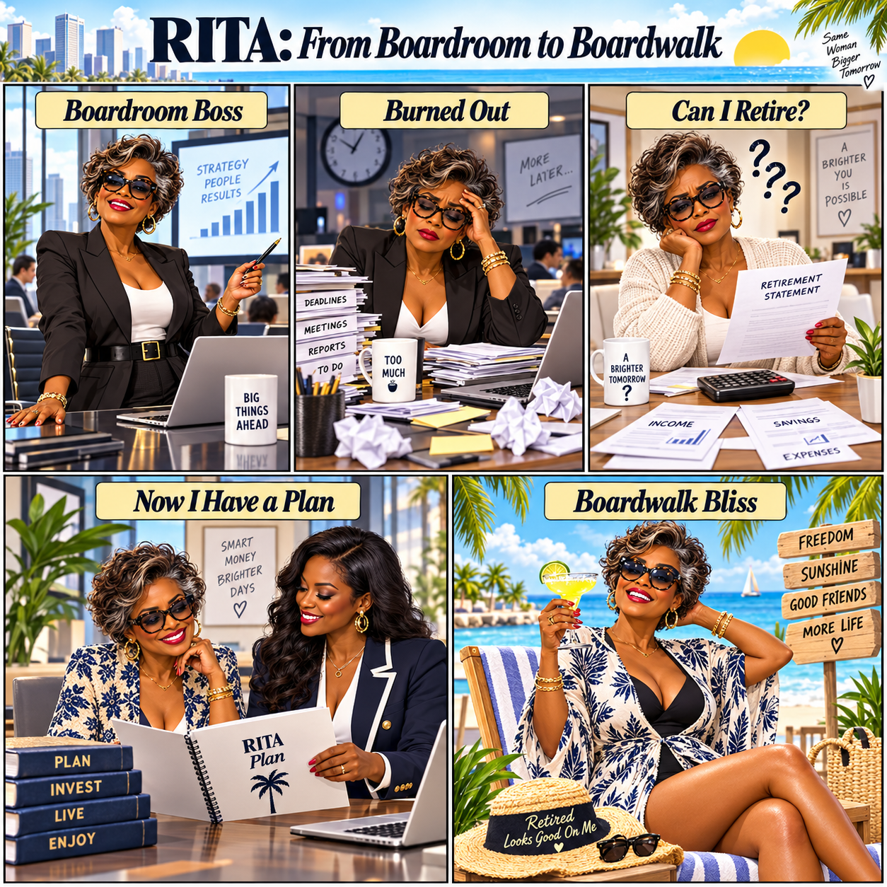 Rita's journey from boardroom success and burnout through retirement planning to boardwalk freedom
